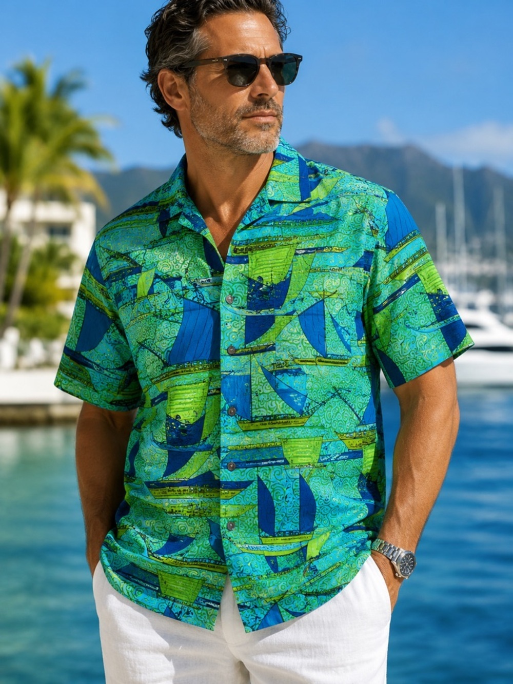 Vintage Hawaiian Aloha Shirt Canoes of Polynesia Tiki Made in Hawaii Cotton M